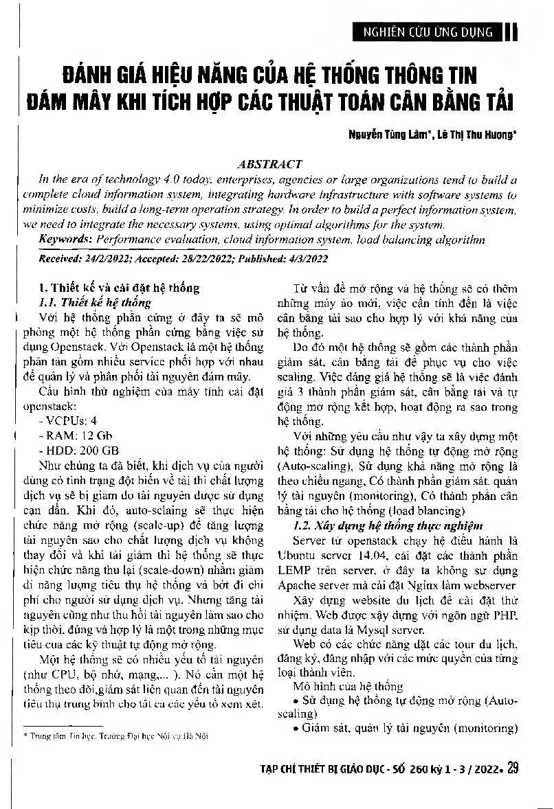 Đánh giá hiệu năng của hệ thống thông tin đám mây khi tích hợp các thuật toán cân bằng tải = Evaluating the performance of the cloud information system when integrating load balancing algorithms