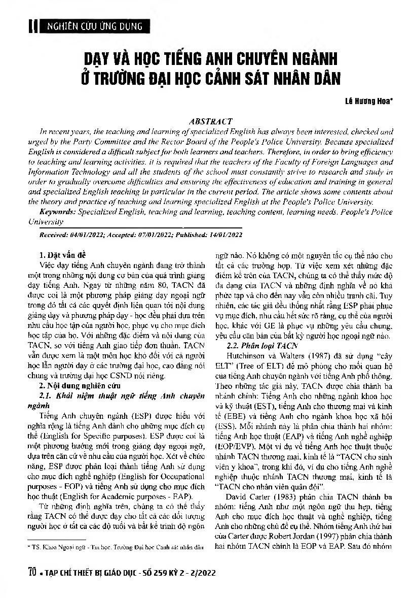 Dạy và học tiếng Anh chuyên ngành ở Trường Đại học Cảnh sát nhân dân = Teaching and learning specialized English at the People's Police University