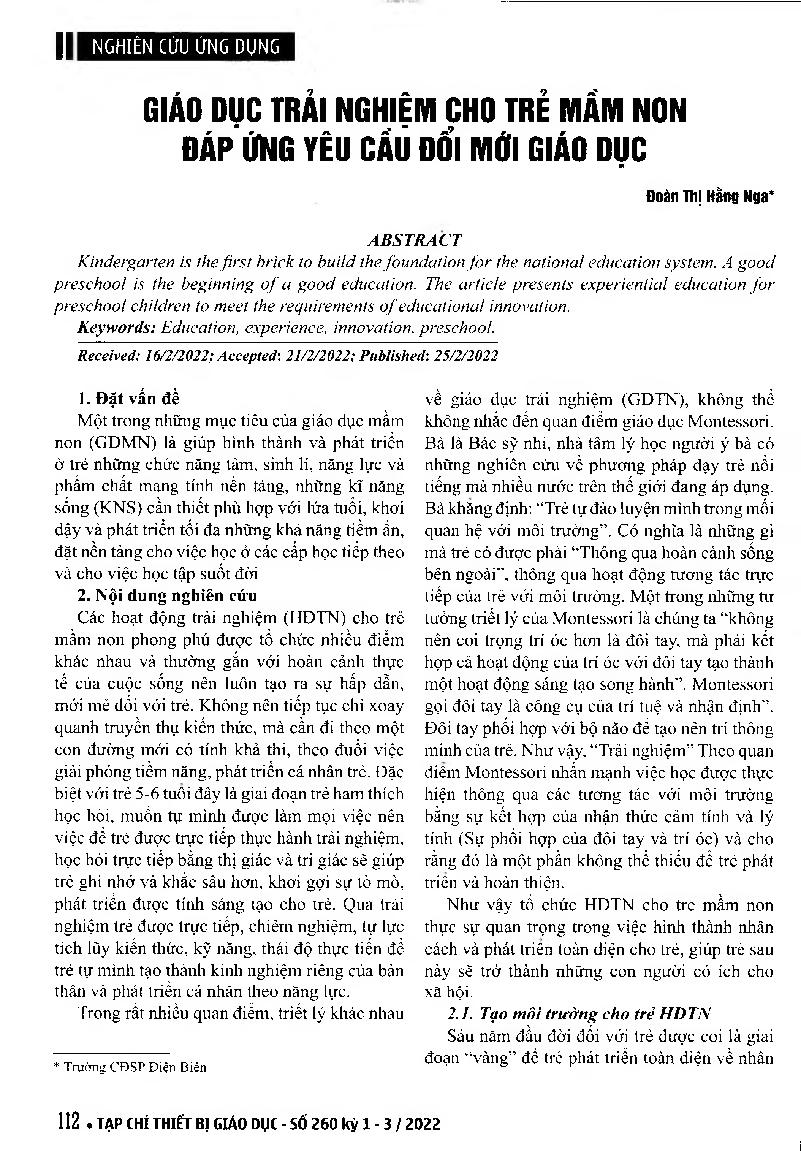 Giáo dục trải nghiệm cho trẻ mầm non đáp ứng yêu cầu đổi mới giáo dục = Experiential education for preschoolers meets the requirements of educational innovation