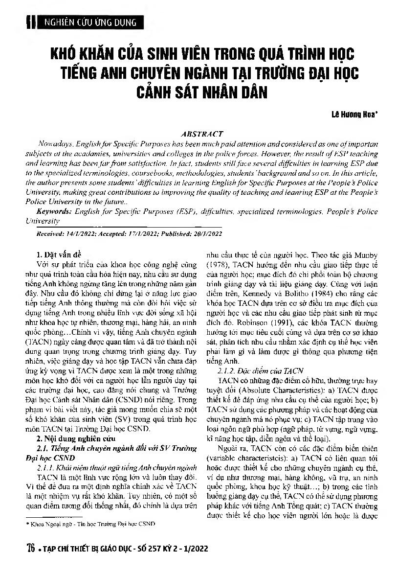 Khó khăn của sinh viên trong quá trình học tiếng Anh chuyên ngành tại Trường Đại học Cảnh sát Nhân dân = Difficulties of students in the process of learning English for majors at People s Police University