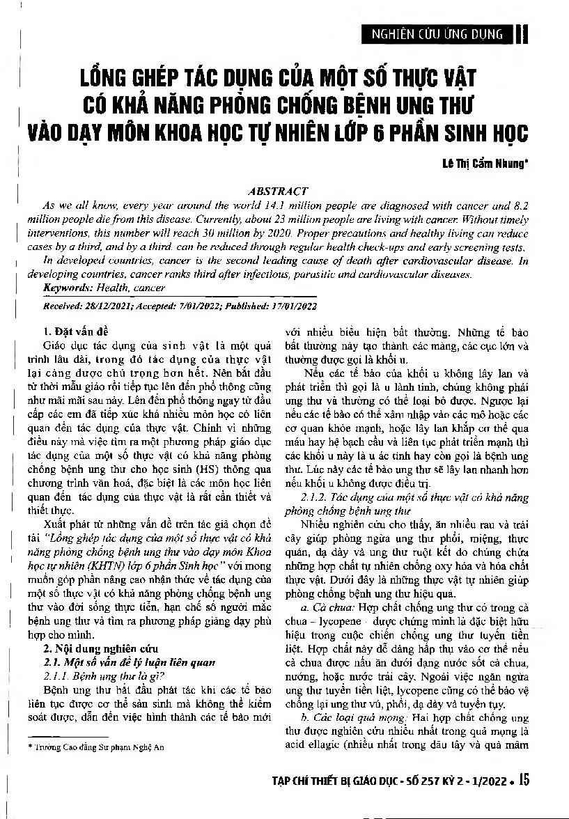 Lồng ghép tác dụng của một số thực vật có khả năng phòng chống bệnh ung thư vào dạy môn Khoa học tự nhiên lớp 6 phần Sinh học = Integrating the effects of some plants with the ability to prevent cancer into teaching Biology grade 6 natural science