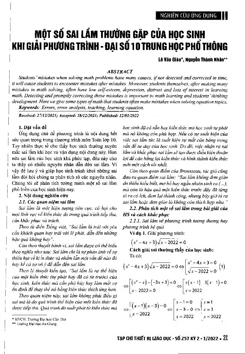 Một số sai lầm thường gặp của học sinh khi giải phương trình - Đại số 10 trung học phổ thông = A Study on Errors Made in equation - algebra 10 by Hight School Students