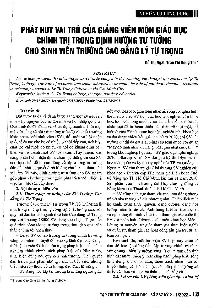 Phát huy vai trò của giảng viên môn Giáo dục chính trị trong định hướng tư tưởng cho sinh viên Trường Cao đẳng Lý Tự Trọn = Promoting the role of political education subject lecturers in orienting students at Ly Tu Trong College