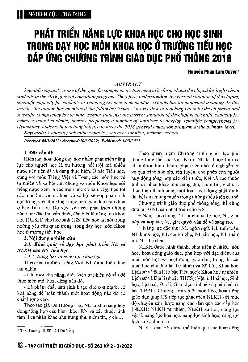 Phát triển năng lực khoa học cho học sinh trong dạy học môn Khoa học ờ trường tiểu học đáp ứng chương trình Giáo dục phổ thông 2018 = Developing scientific capacity for students in teaching Science subject at primary schools to meet the general education 