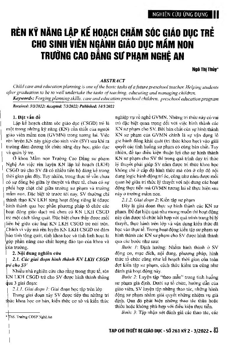 Rèn kỹ năng lập kế hoạch chăm sóc, giáo dục trẻ cho sinh viên ngành giáo dục mầm non Trường Cao đẳng Sư phạm Nghệ An = Training skills in planning child care and education for students majoring in preschool education at Nghe An College of Education