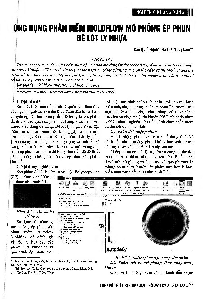Ứng dụng phần mềm Moldflow mô phỏng ép phun đế lót ly nhựa = Applying Moldflow software simulates injection molding of plastic coasters