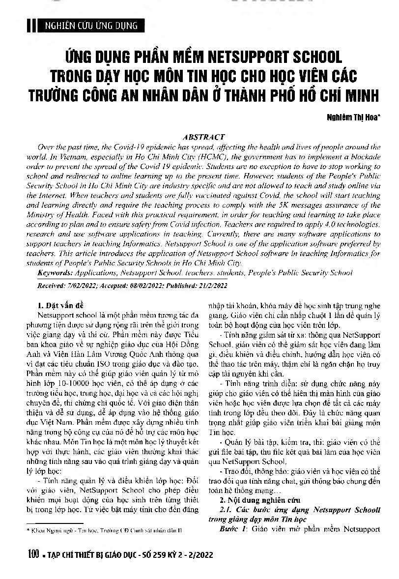 Ứng dụng phần mềm Netsupport School trong dạy học môn Tin học cho học viên các Trường Công an Nhân dân ở thành phố Hồ Chí Minh = Applying the Netsupport School software in teaching informatics for students of People's Public Security Schools in Ho Chi