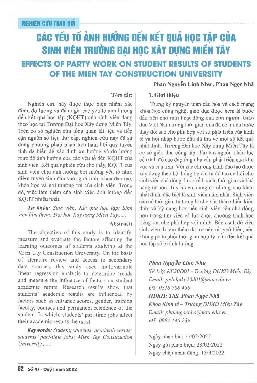 Các yếu tố ảnh hưởng đến kết quả học tập của sinh viên trường Đại học Xây dựng Miền Tây = Effects of party work on student results of students of the Mien Tay construction University