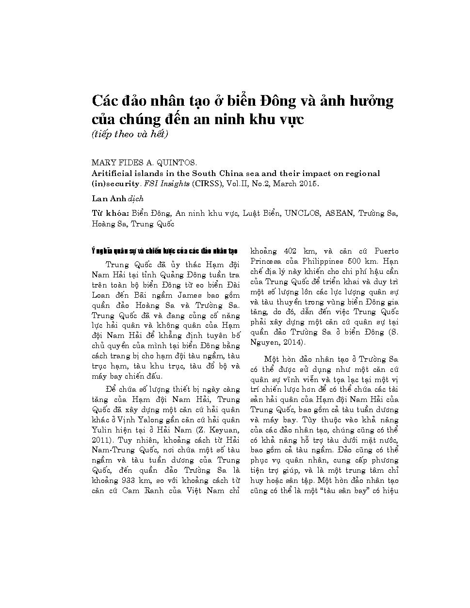 Artificial islands in the South China sea and their impact on regional (in) security (continue to No.6) = Các đảo nhân tạo ở biển Đông và ảnh hưởng của chúng đến an ninh khu vực (tiếp theo và hết)