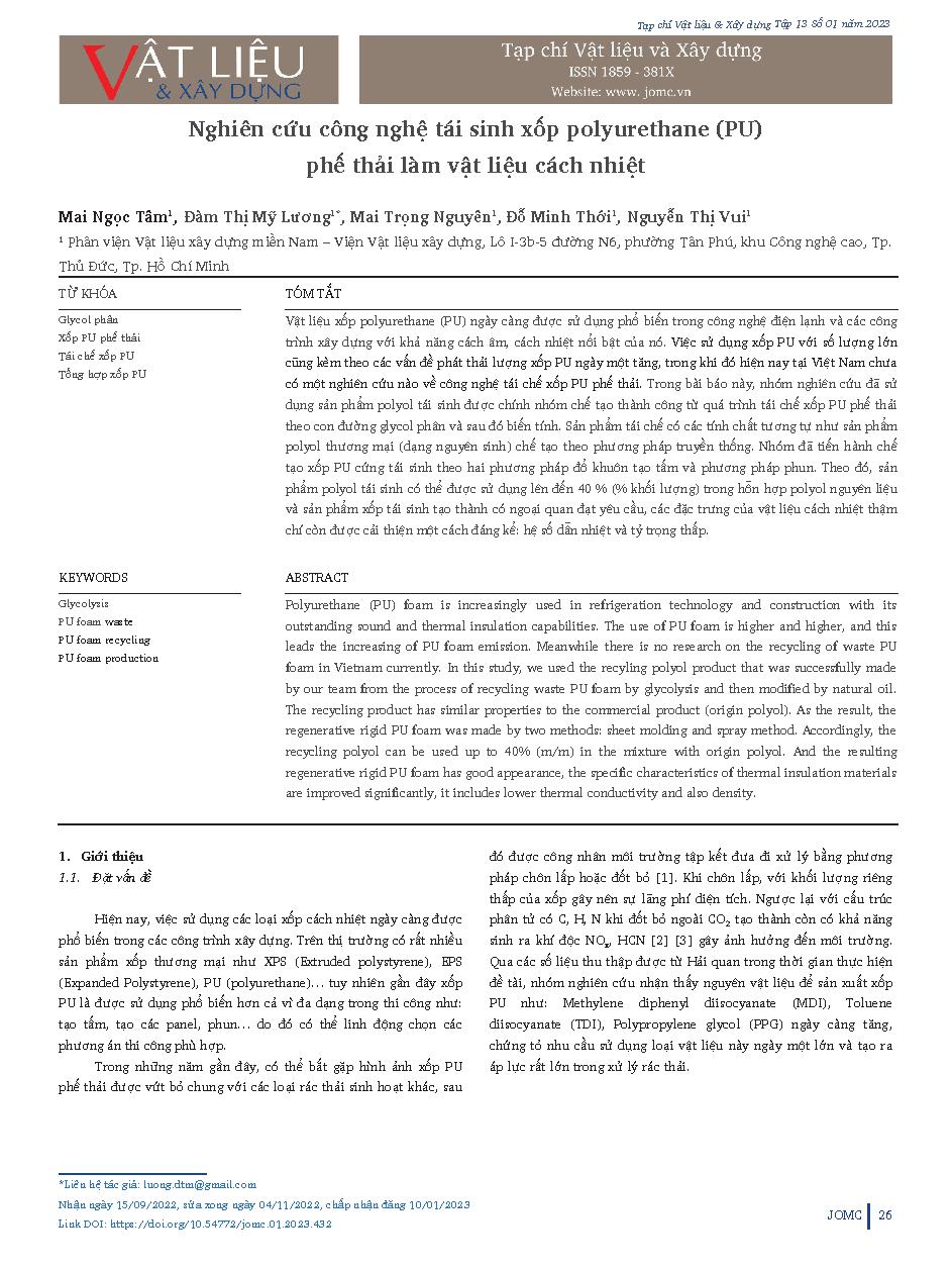 Nghiên cứu công nghệ tái sinh xốp polyurethane (PU) phế thải làm vật liệu cách nhiệt