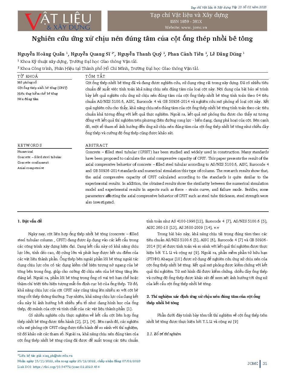 Nghiên cứu ứng xử chịu nén đúng tâm của cột ống thép nhồi bê tông