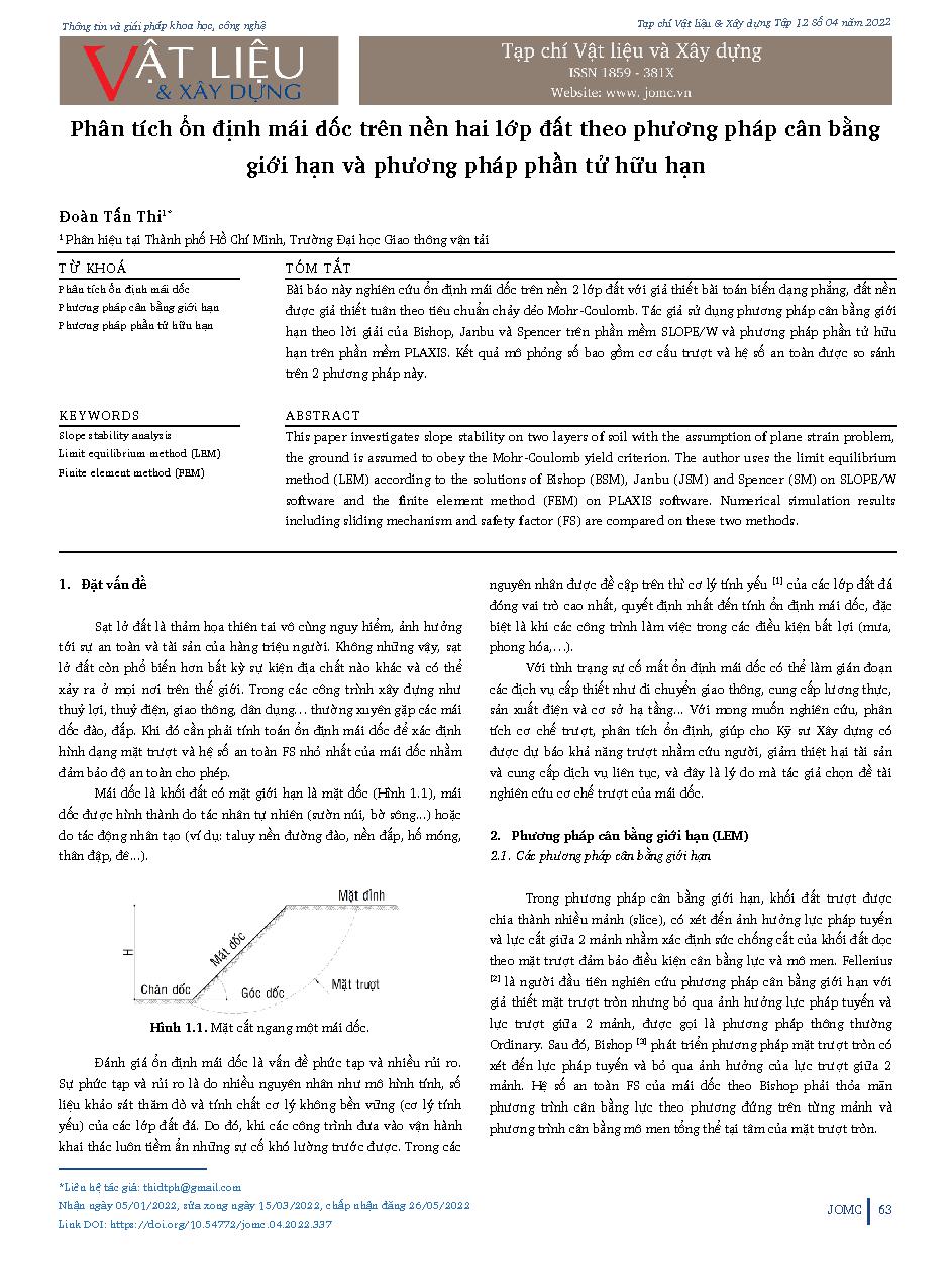 Phân tích ổn định mái dốc trên nền hai lớp đất theo phương pháp cân bằng giới hạn và phương pháp phần tử hữu hạn