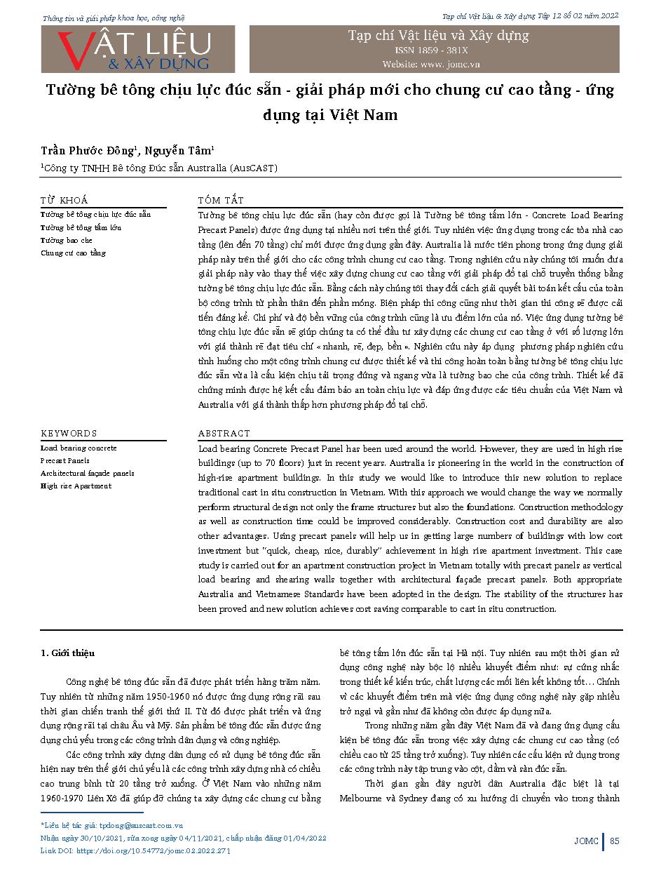 Tường bê tông chịu lực đúc sẵn - giải pháp mới cho chung cư cao tầng - ứng dụng tại Việt Nam