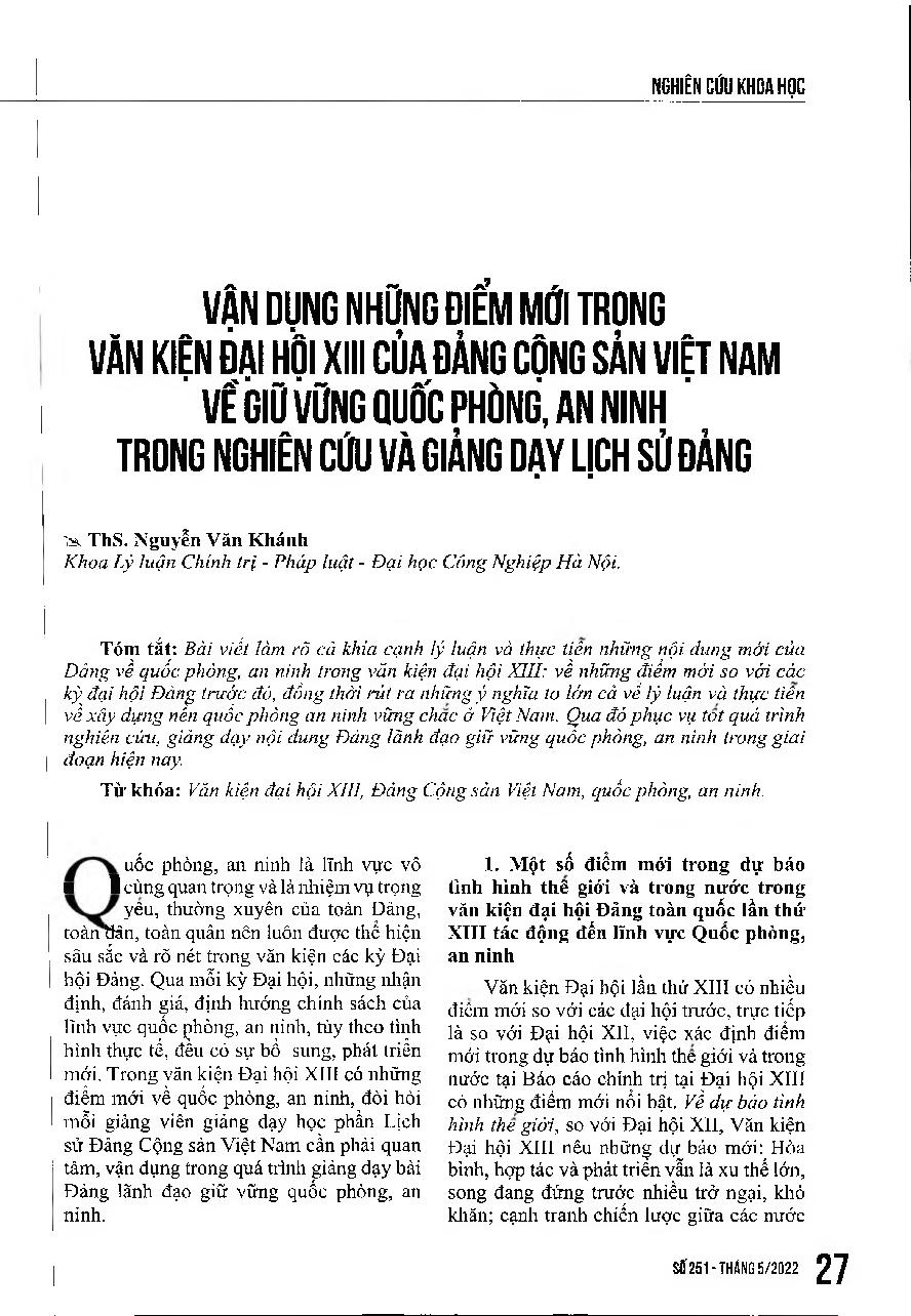 Vận dụng những điểm mới trong văn kiện đại hội XIII của Đảng cộng sản Việt Nam về giữ vững quốc phòng, an ninh trong nghiên cứu và giảng dạy lịch sử Đảng