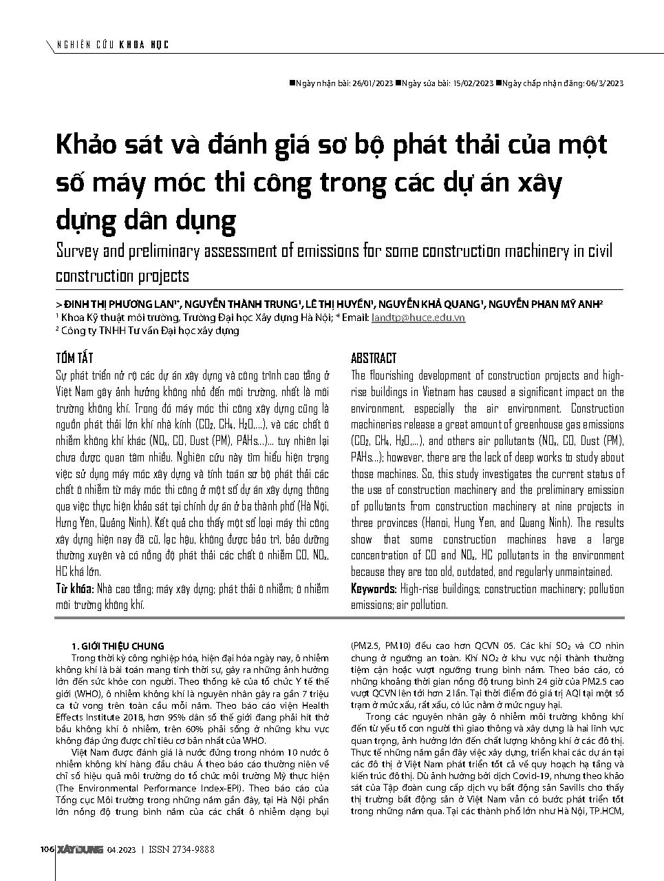 Khảo sát và đánh giá sơ bộ phát thải của một số máy móc thi công trong các dự án xây dựng dân dụng = Survey and preliminary assessment of emissions for some construction machinery in civil construction projects