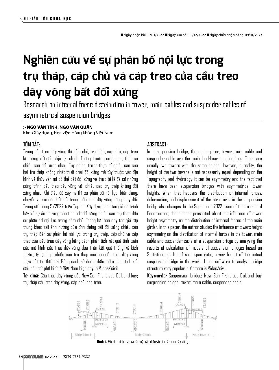 Nghiên cứu về sự phân bố nội lực trong trụ tháp, cáp chủ và cáp treo của cầu treo dây võng bất đối xứng = Research on internal force distribution in tower, main cables and suspender cables of asymmetrical suspension bridges