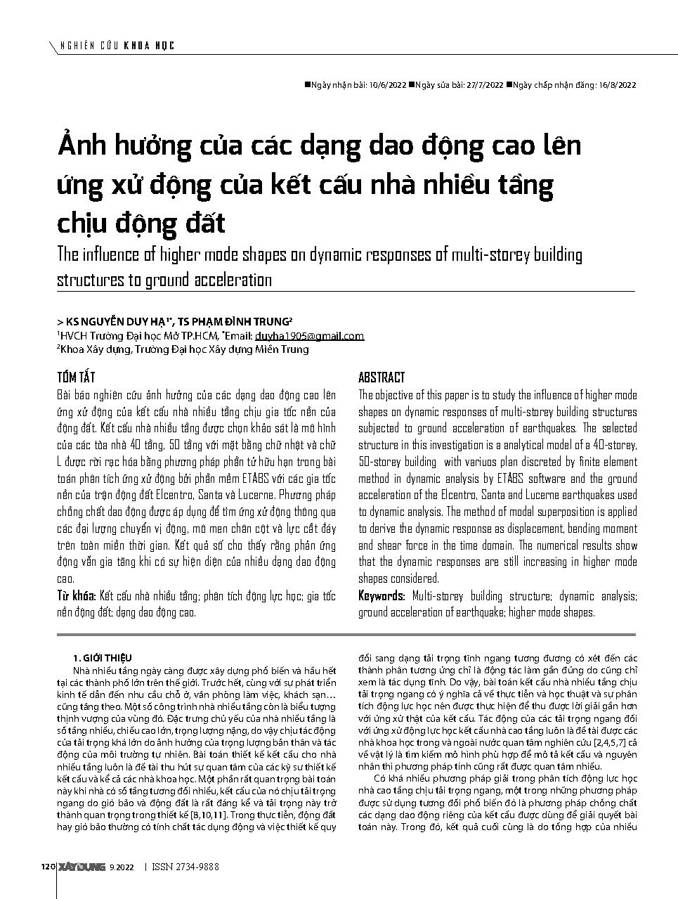 Ảnh hưởng của các dạng dao động cao lên ứng xử động của kết cấu nhà nhiều tầng chịu động đất = The influence of higher mode shapes on dynamic responses of multi-storey building structures to ground acceleration
