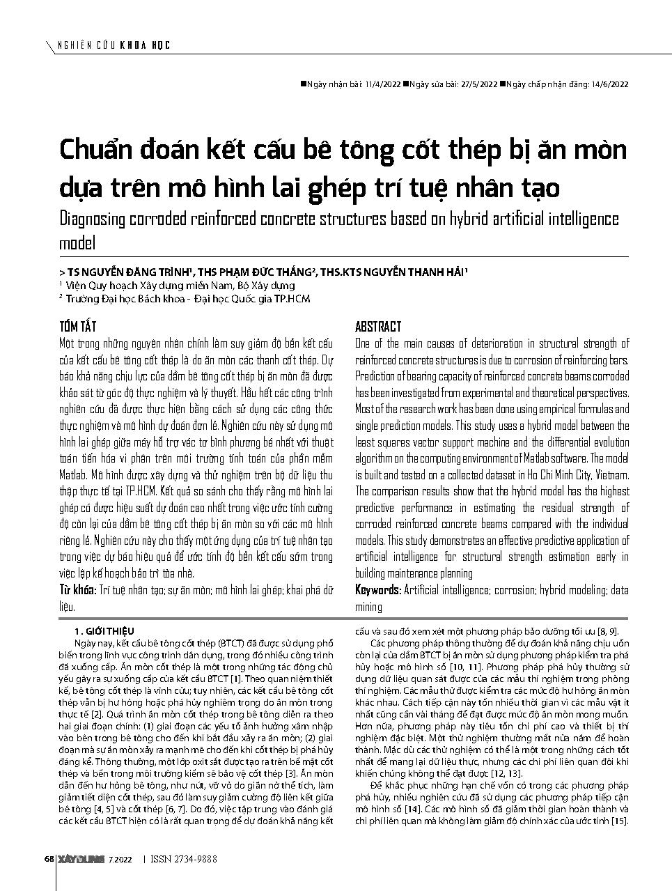 Chuẩn đoán kết cấu bê tông cốt thép bị ăn mòn dựa trên mô hình lai ghép trí tuệ nhân tạo = Diagnosing corroded reinforced concrete structures based on hybrid artificial intelligence model