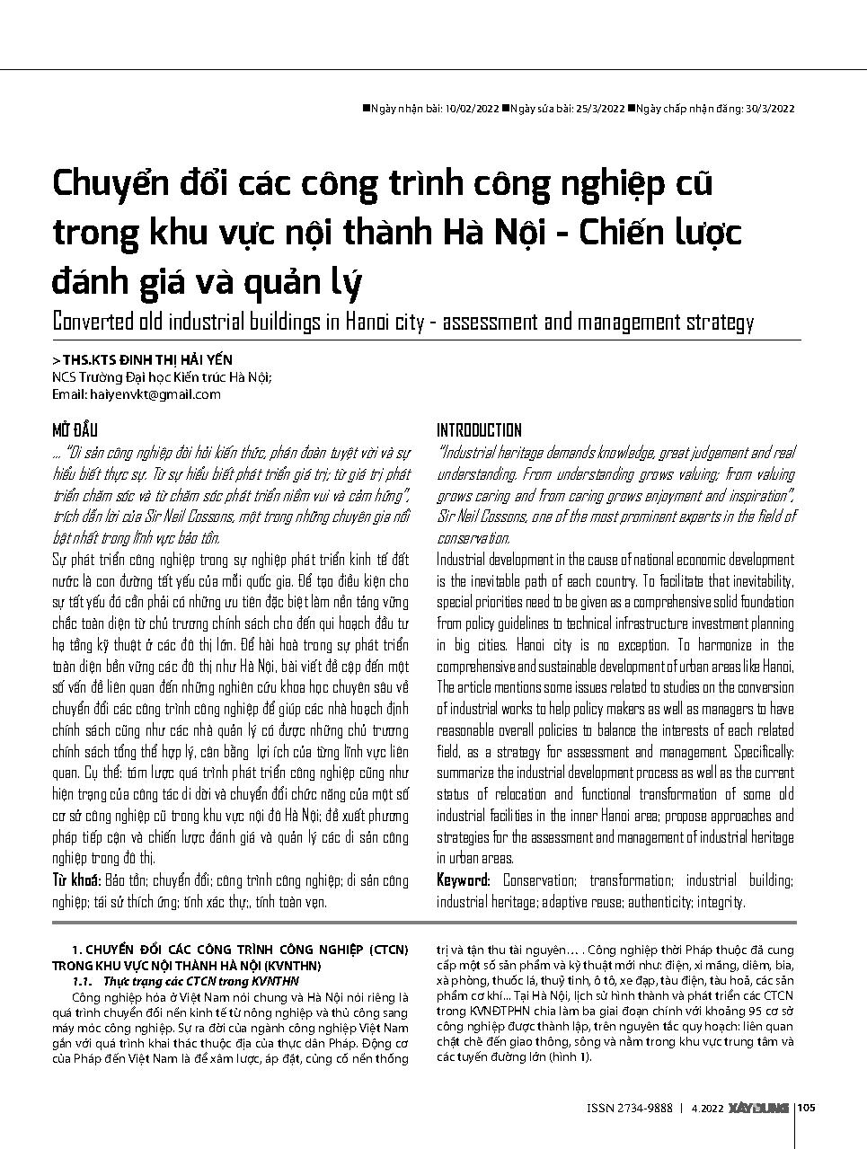 Chuyển đổi các công trình công nghiệp cũ trong khu vực nội thành Hà Nội - Chiến lược đánh giá và quản lý = Converted old industrial buildings in Hanoi city - assessment and management strategy