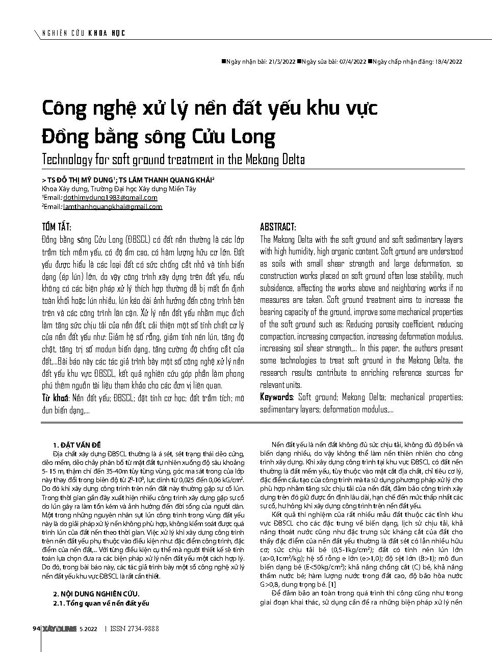 Công nghệ xử lý nền đất yếu khu vực Đồng bằng sông Cửu Long = Technology for soft ground treatment in the Mekong Delta