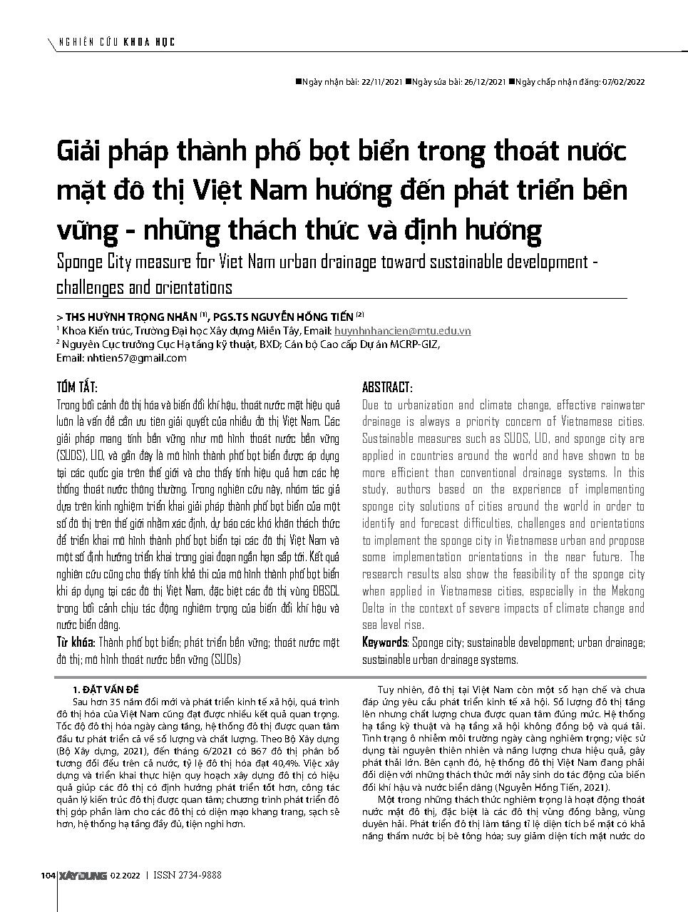 Giải pháp thành phố bọt biển trong thoát nước mặt đô thị Việt Nam hướng đến phát triển bền vững - những thách thức và định hướng = Sponge City measure for Viet Nam urban drainage toward sustainable development - challenges and orientations