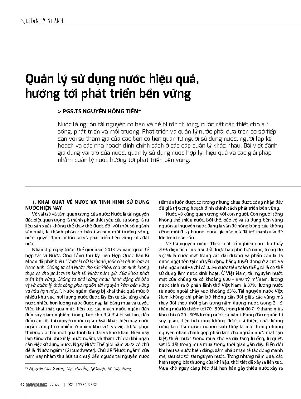 Quản lý sử dụng nước hiệu quả, hướng tới phát triển bền vững