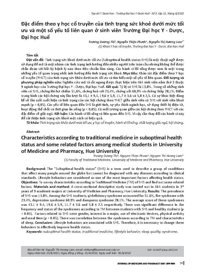 Đặc điểm theo y học cổ truyền của tình trạng sức khoẻ dưới mức tối ưu và một số yếu tố liên quan ở sinh viên Trường Đại học Y - Dược, Đại học Huế = Characteristics according to traditional medicine in suboptimal health status and some related factors amon