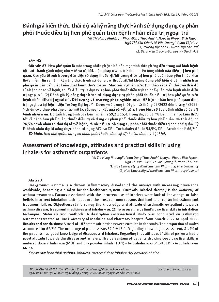 Đánh giá kiến thức, thái độ và kỹ năng thực hành sử dụng dụng cụ phân phối thuốc điều trị hen phế quản trên bệnh nhân điều trị ngoại trú = Assessment of knowledge, attitudes and practical skills in using inhalers for asthmatic outpatients