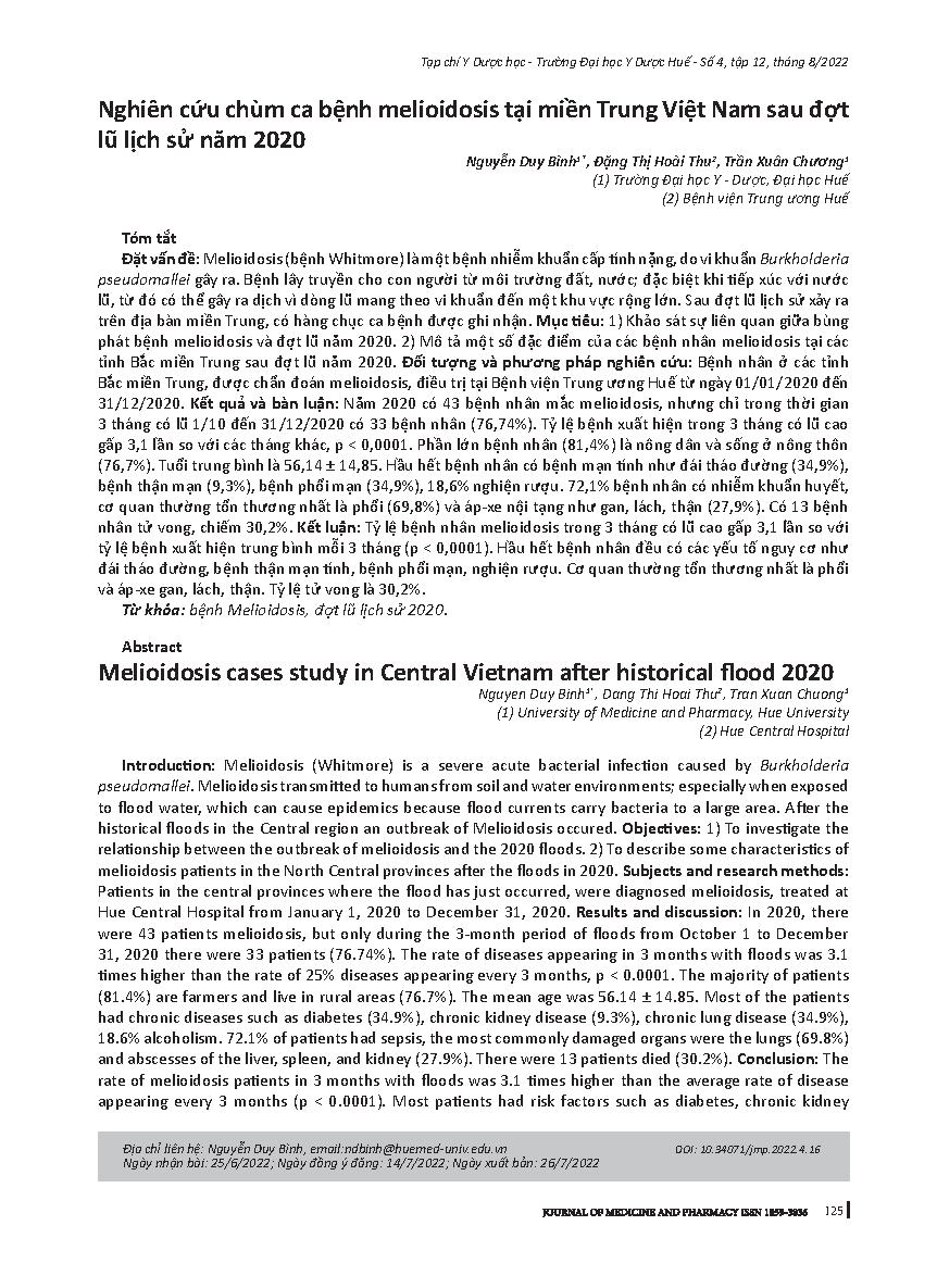 Nghiên cứu chùm ca bệnh melioidosis tại miền Trung Việt Nam sau đợt lũ lịch sử năm 2020 = Melioidosis cases study in Central Vietnam after historical flood 2020