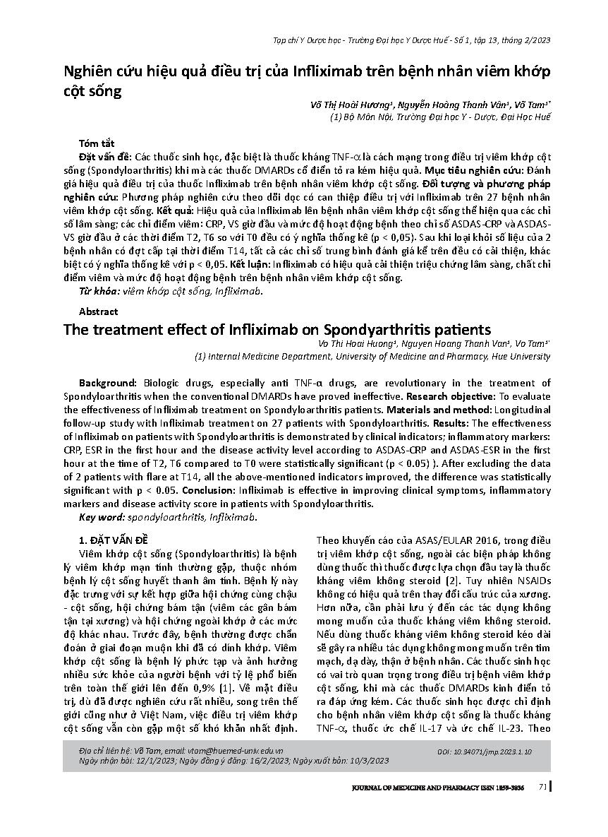 Nghiên cứu hiệu quả điều trị của Infliximab trên bệnh nhân viêm khớp cột sống = The treatment effect of Infliximab on Spondyarthritis patients