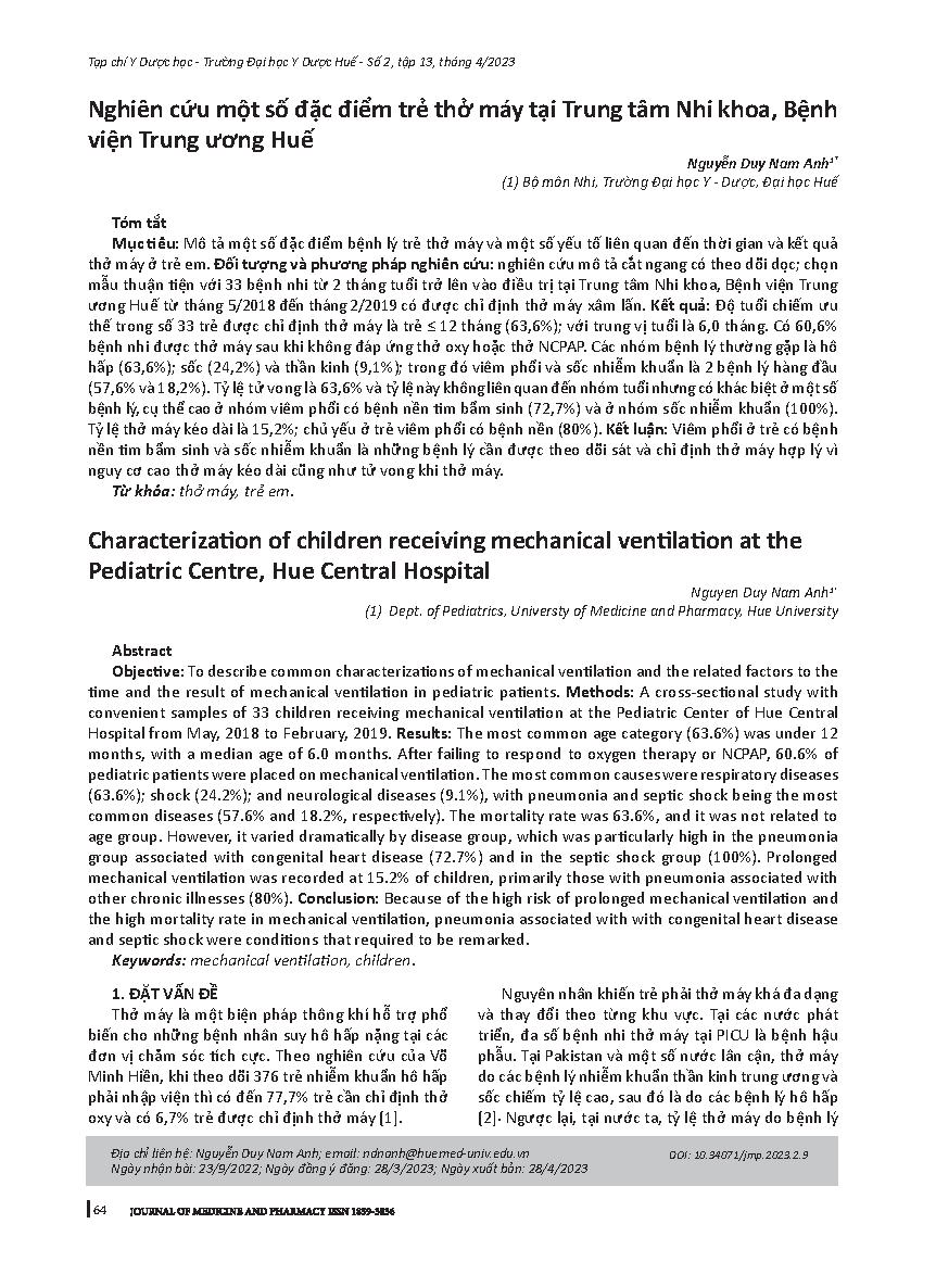Nghiên cứu một số đặc điểm trẻ thở máy tại Trung tâm Nhi khoa, Bệnh viện Trung ương Huế = Characterization of children receiving mechanical ventilation at the Pediatric Centre, Hue Central Hospital