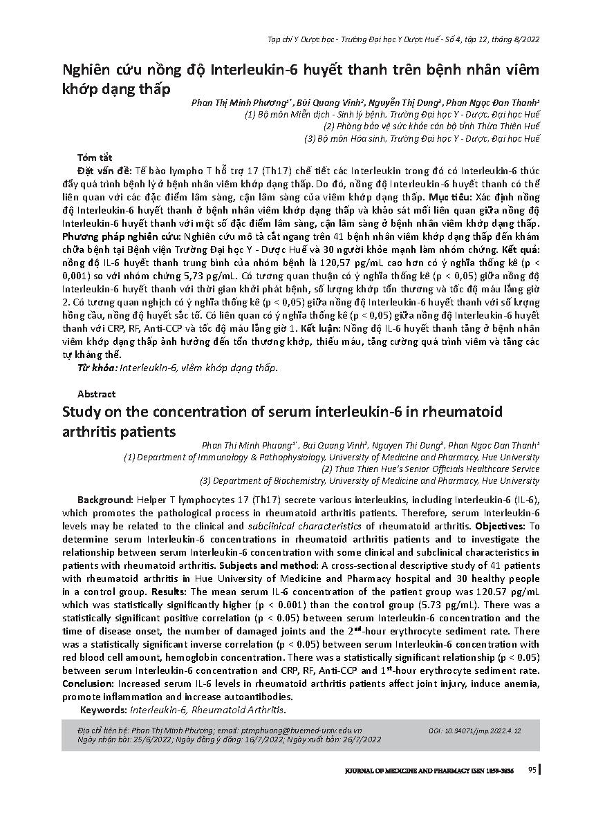 Nghiên cứu nồng độ Interleukin-6 huyết thanh trên bệnh nhân viêm khớp dạng thấp = Study on the concentration of serum interleukin-6 in rheumatoid arthritis patients