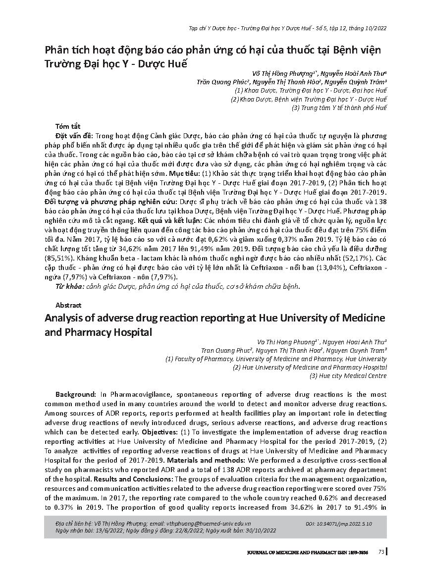 Phân tích hoạt động báo cáo phản ứng có hại của thuốc tại Bệnh viện Trường Đại học Y - Dược Huế = Analysis of adverse drug reaction reporting at Hue University of Medicine and Pharmacy Hospital