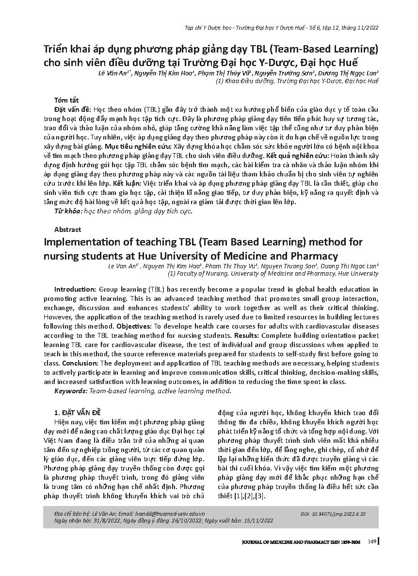 Triển khai áp dụng phương pháp giảng dạy TBL (Team-Based Learning) cho sinh viên điều dưỡng tại Trường Đại học Y-Dược, Đại học Huế = Implementation of teaching TBL (Team Based Learning) method for nursing students at Hue University of Medicine and Pharmac