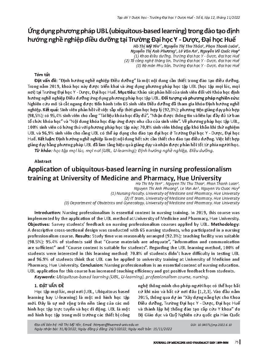 Ứng dụng phương pháp UBL (ubiquitous-based learning) trong đào tạo định hướng nghề nghiệp điều dưỡng tại Trường Đại học Y - Dược, Đại học Huế = Application of ubiquitous-based learning in nursing professionalism training at University of Medicine and Phar