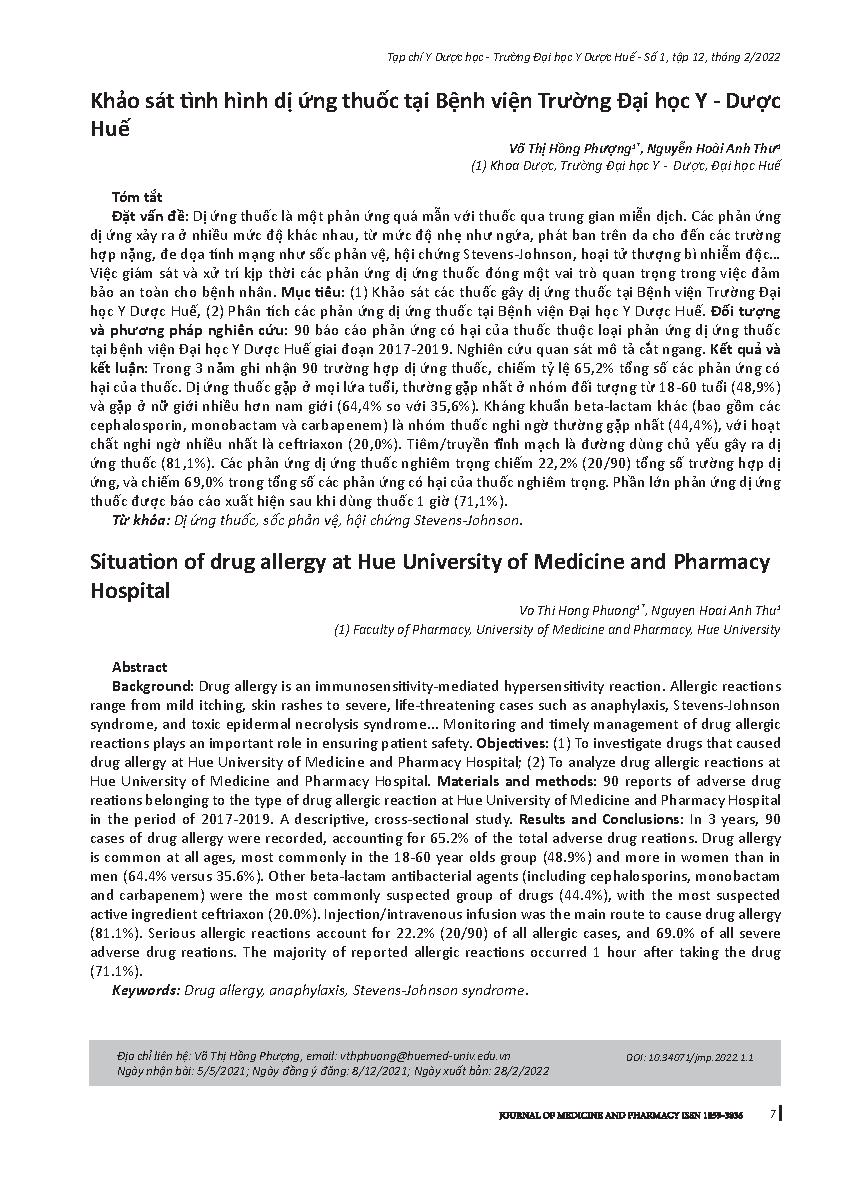 Khảo sát tình hình dị ứng thuốc tại Bệnh viện Trường Đại học Y - Dược Huế = Situation of drug allergy at Hue University of Medicine and Pharmacy Hospital