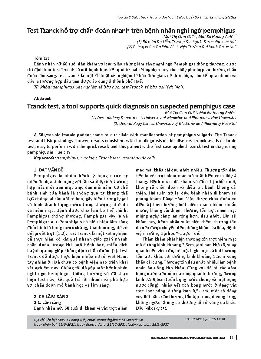 Test Tzanck hỗ trợ chẩn đoán nhanh trên bệnh nhân nghi ngờ pemphigus = Tzanck test, a tool supports quick diagnosis on suspected pemphigus case