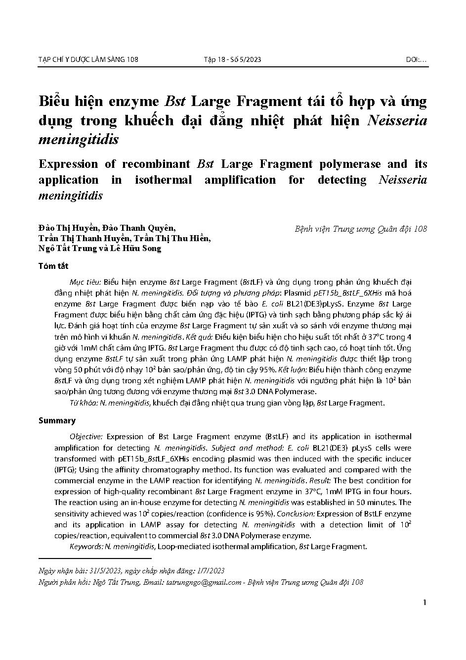 Biểu hiện enzyme Bst Large Fragment tái tổ hợp và ứng dụng trong khuếch đại đẳng nhiệt phát hiện Neisseria meningitidis = Expression of recombinant Bst Large Fragment polymerase and its application in isothermal amplification for detecting Neisseria menin