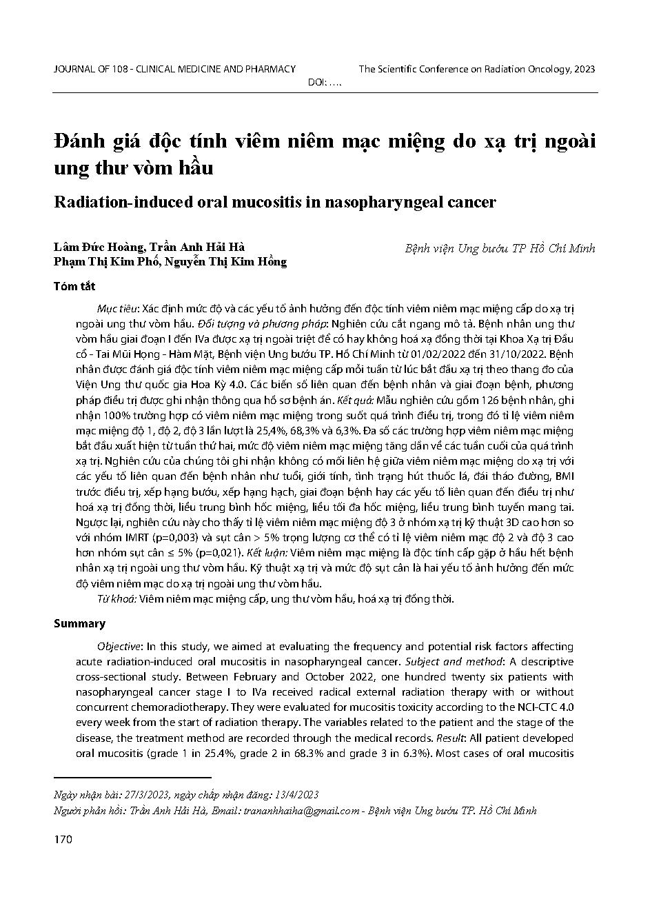 Đánh giá độc tính viêm niêm mạc miệng do xạ trị ngoài ung thư vòm hầu = Radiation-induced oral mucositis in nasopharyngeal cancer