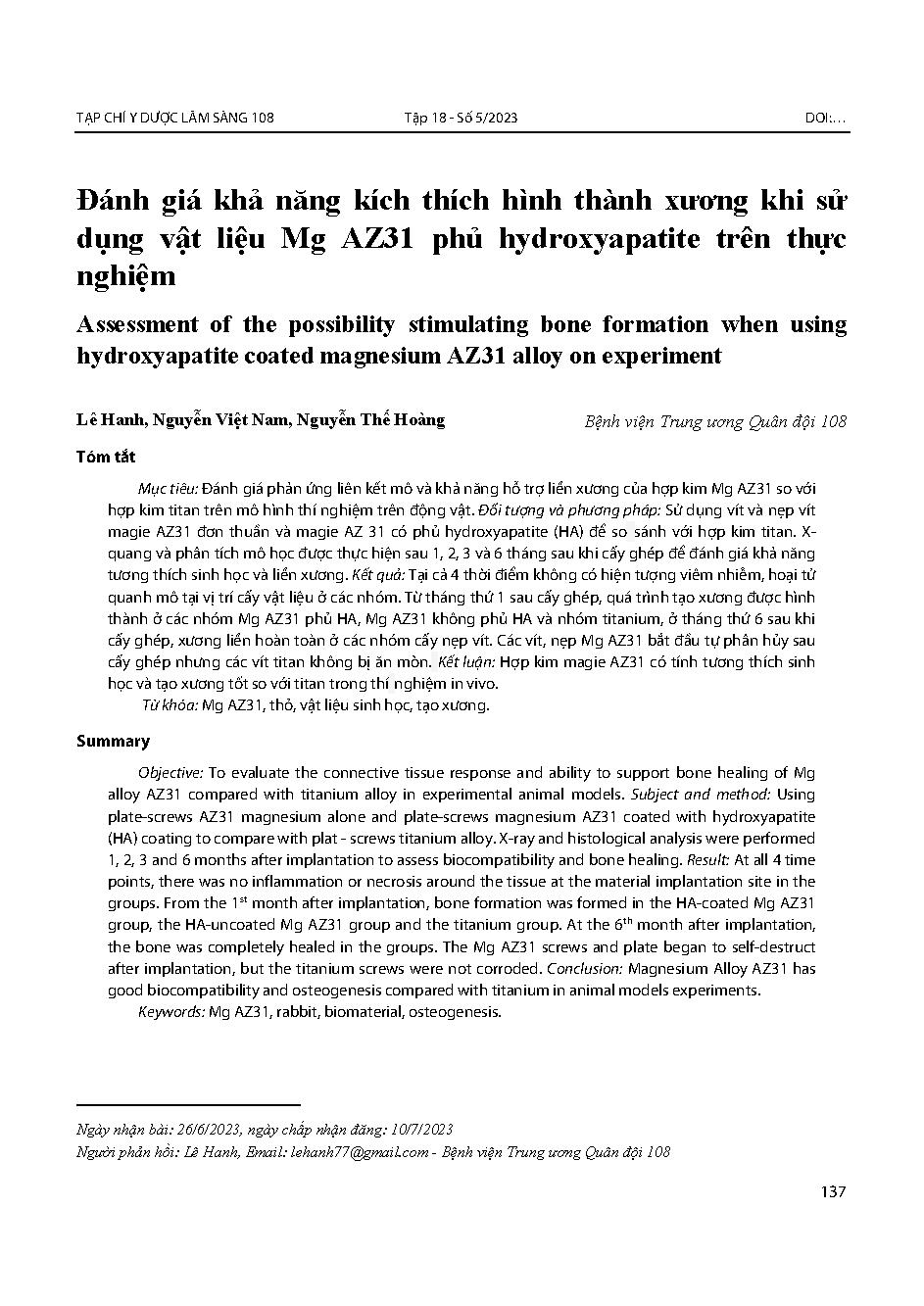 Đánh giá khả năng kích thích hình thành xương khi sử dụng vật liệu Mg AZ31 phủ hydroxyapatite trên thực nghiệm = Assessment of the possibility stimulating bone formation when using hydroxyapatite coated magnesium AZ31 alloy on experiment