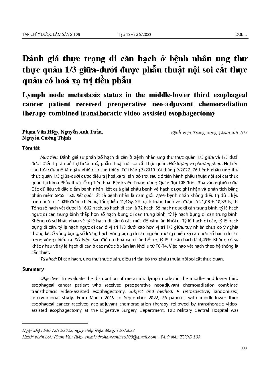 Đánh giá thực trạng di căn hạch ở bệnh nhân ung thư thực quản 1/3 giữa-dưới được phẫu thuật nội soi cắt thực quản có hoá xạ trị tiền phẫu = Lymph node metastasis status in the middle-lower third esophageal cancer patient received preoperative neo-adjuvant