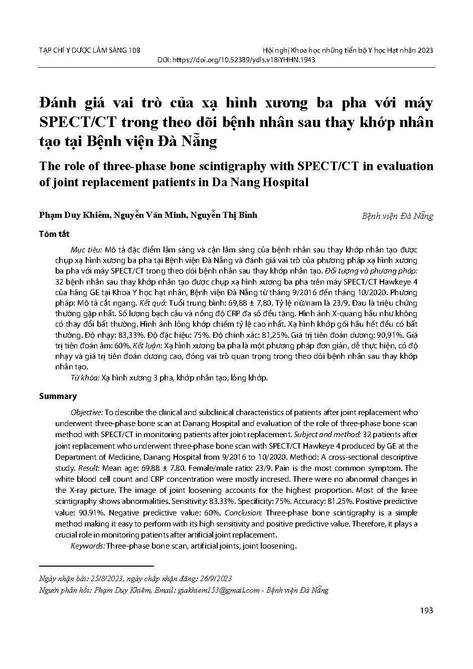 Đánh giá vai trò của xạ hình xương ba pha với máy SPECT/CT trong theo dõi bệnh nhân sau thay khớp nhân tạo tại Bệnh viện Đà Nẵng = The role of three-phase bone scintigraphy with SPECT/CT in evaluation of joint replacement patients in Da Nang Hospital