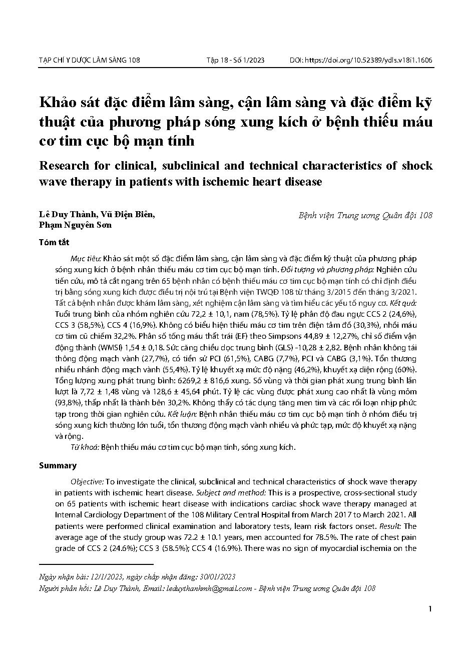 Khảo sát đặc điểm lâm sàng, cận lâm sàng và đặc điểm kỹ thuật của phương pháp sóng xung kích ở bệnh thiếu máu cơ tim cục bộ mạn tính = Research for clinical, subclinical and technical characteristics of shock wave therapy in patients with ischemic heart d