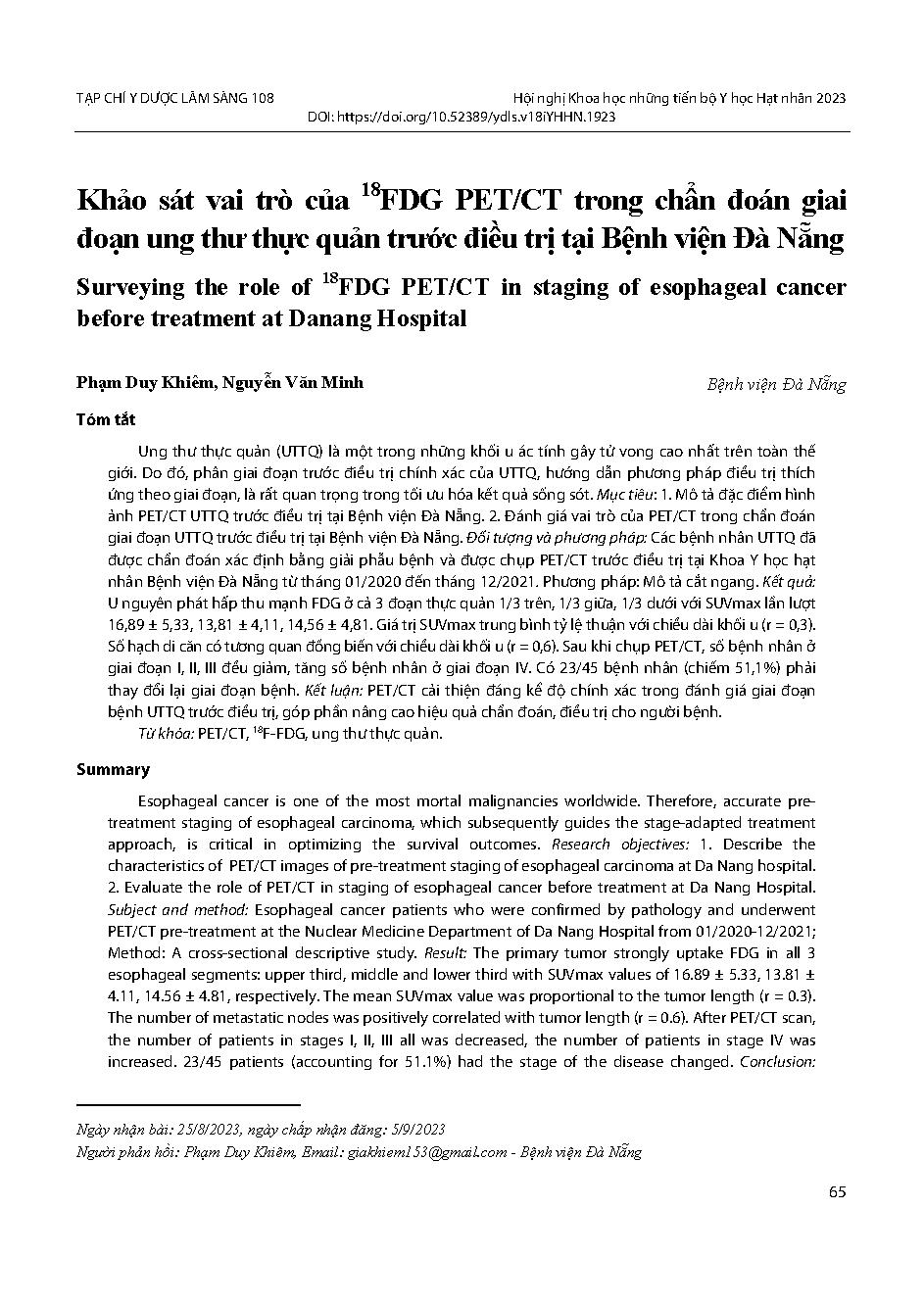 Khảo sát vai trò của 18FDG PET/CT trong chẩn đoán giai đoạn ung thư thực quản trước điều trị tại Bệnh viện Đà Nẵng = Surveying the role of 18FDG PET/CT in staging of esophageal cancer before treatment at Danang Hospital
