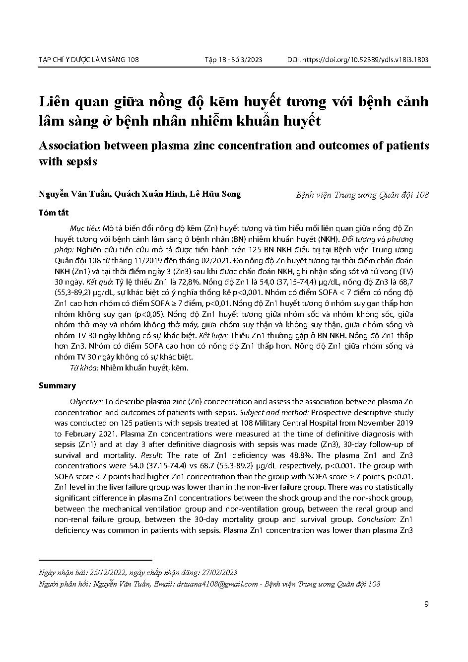 Liên quan giữa nồng độ kẽm huyết tương với bệnh cảnh lâm sàng ở bệnh nhân nhiễm khuẩn huyết = Association between plasma zinc concentration and outcomes of patients with sepsis