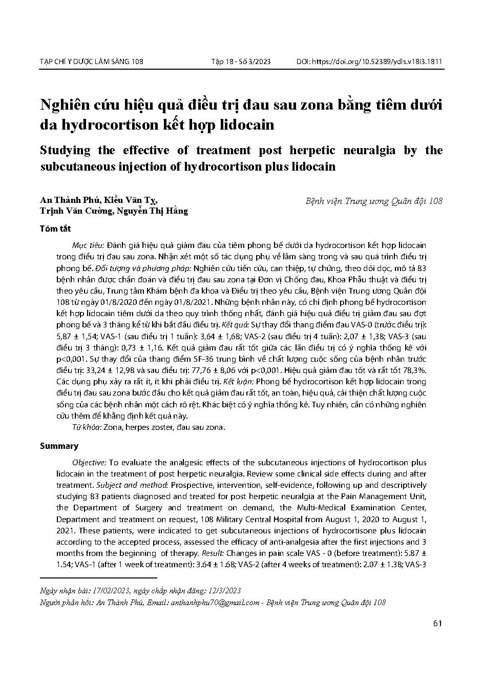 Nghiên cứu hiệu quả điều trị đau sau zona bằng tiêm dưới da hydrocortison kết hợp lidocain = Studying the effective of treatment post herpetic neuralgia by the subcutaneous injection of hydrocortison plus lidocain