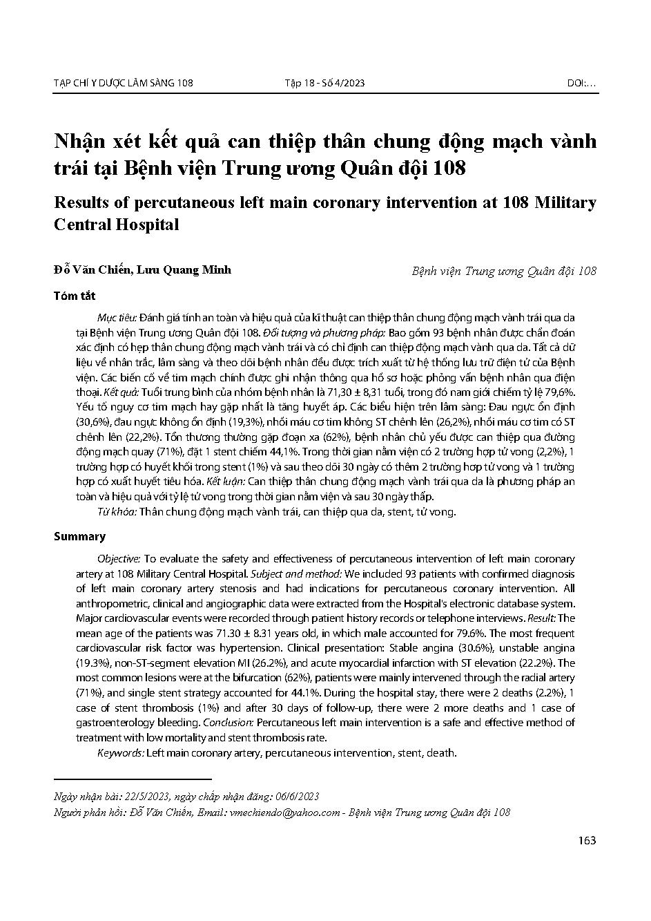 Nhận xét kết quả can thiệp thân chung động mạch vành trái tại Bệnh viện Trung ương Quân đội 108 = Results of percutaneous left main coronary intervention at 108 Military Central Hospital