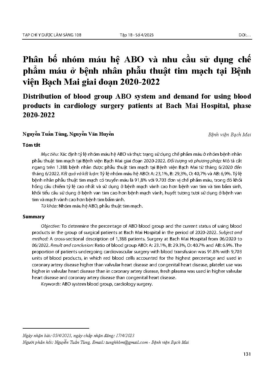 Phân bố nhóm máu hệ ABO và nhu cầu sử dụng chế phẩm máu ở bệnh nhân phẫu thuật tim mạch tại Bệnh viện Bạch Mai giai đoạn 2020-2022 = Distribution of blood group ABO system and demand for using blood products in cardiology surgery patients at Bach Mai Hosp