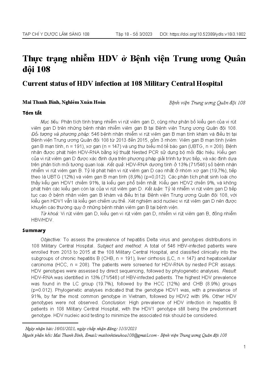 Thực trạng nhiễm HDV ở Bệnh viện Trung ương Quân đội 108 = Current status of HDV infection at 108 Military Central Hospital
