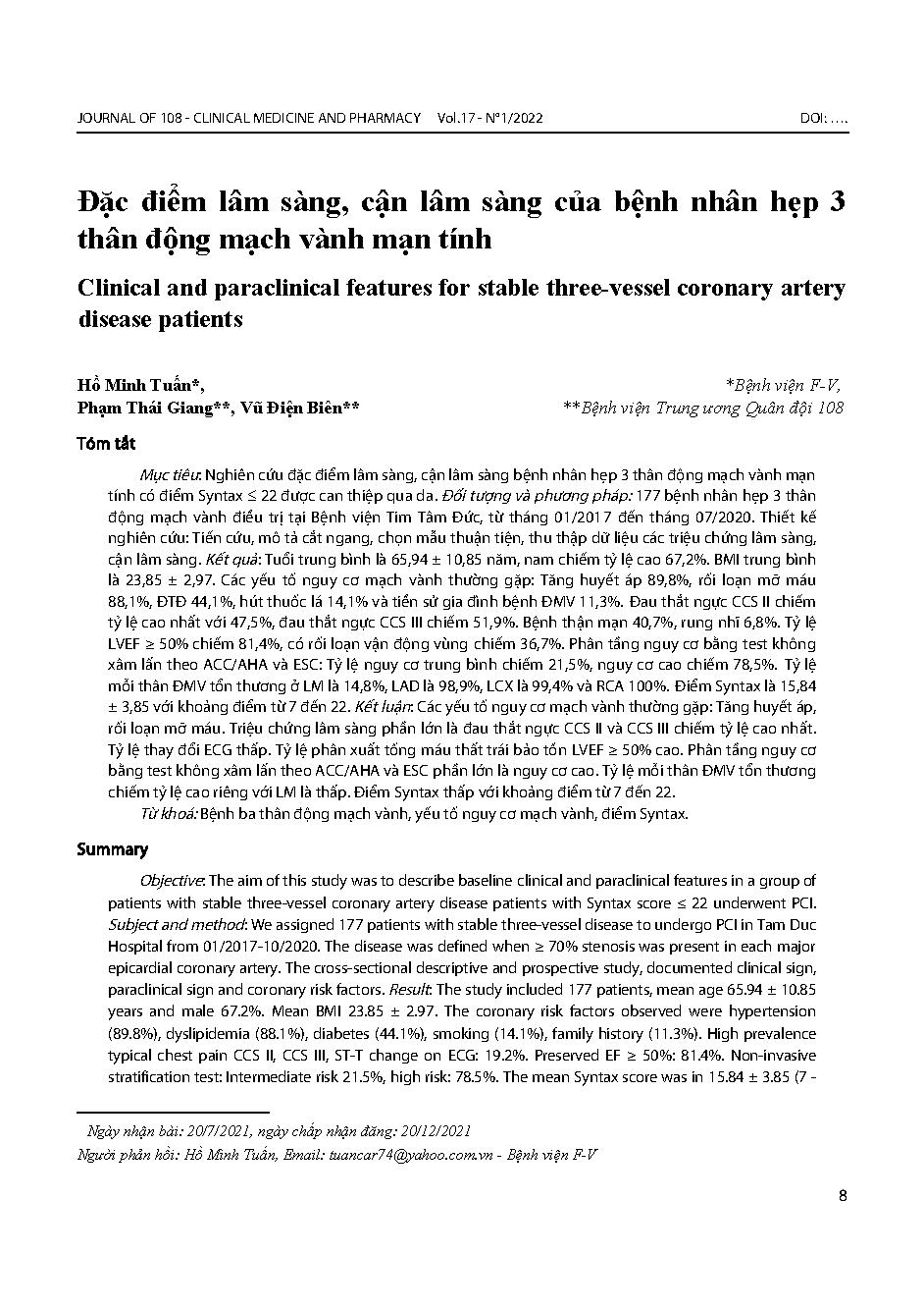 Đặc điểm lâm sàng, cận lâm sàng của bệnh nhân hẹp 3 thân động mạch vành mạn tính = Clinical and paraclinical features for stable three-vessel coronary artery disease patients